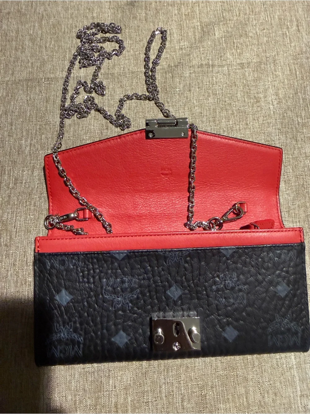 MCM Patricia Visetos Wallet on a Chain (WOC) Black/Red Leather Crossbody Clutch
